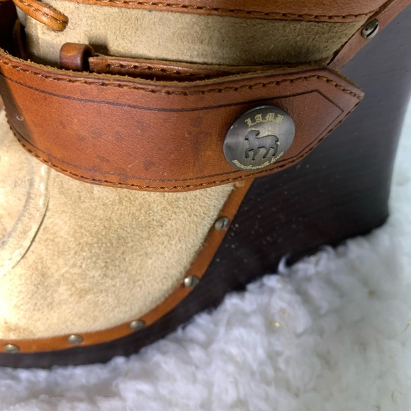 L. A.M.B. By Gwen Stefani tan suade & natural leather wedge clog/mule - Picture 7 of 16